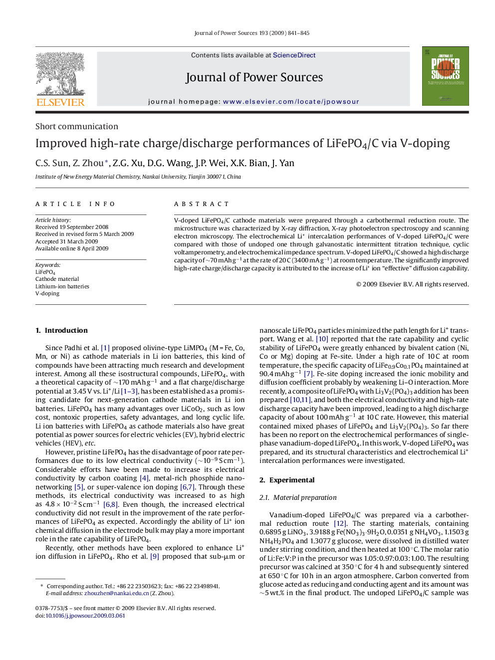 Improved high-rate charge/discharge performances of LiFePO4/C via V-doping