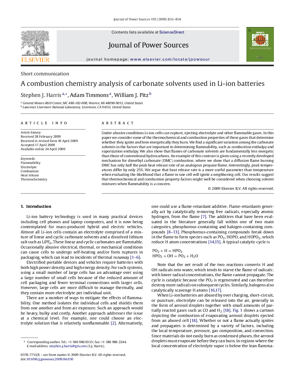 A combustion chemistry analysis of carbonate solvents used in Li-ion batteries