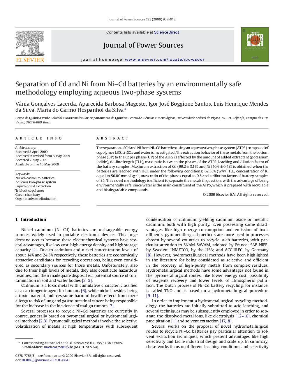 Separation of Cd and Ni from Ni–Cd batteries by an environmentally safe methodology employing aqueous two-phase systems