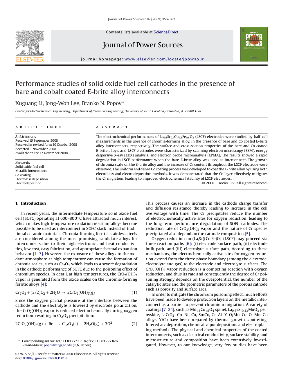 Performance studies of solid oxide fuel cell cathodes in the presence of bare and cobalt coated E-brite alloy interconnects