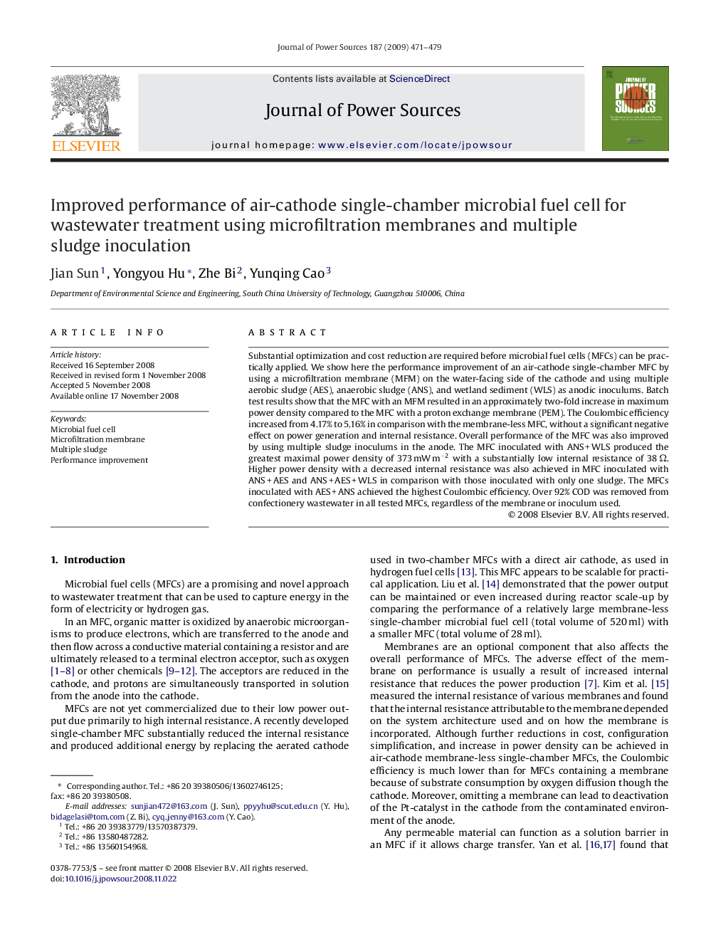 Improved performance of air-cathode single-chamber microbial fuel cell for wastewater treatment using microfiltration membranes and multiple sludge inoculation