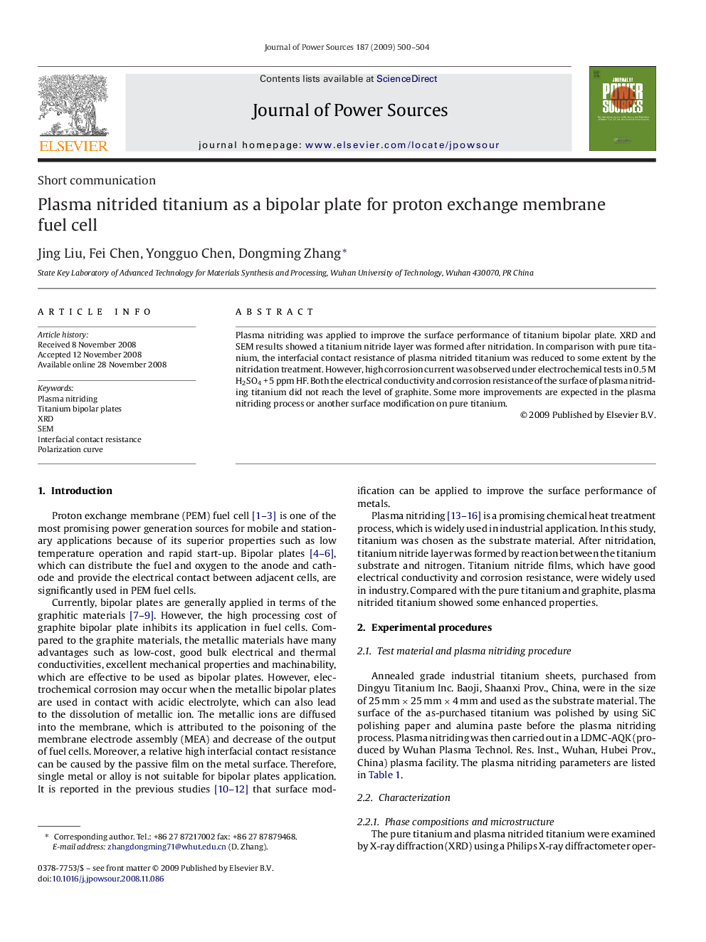 Plasma nitrided titanium as a bipolar plate for proton exchange membrane fuel cell