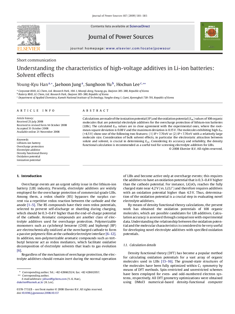 عکس صفحه اول مقاله: Understanding the characteristics of high-voltage additives in Li-ion batteries: Solvent effects Understanding the characteristics of high-voltage additives in Li-ion batteries: Solvent effects