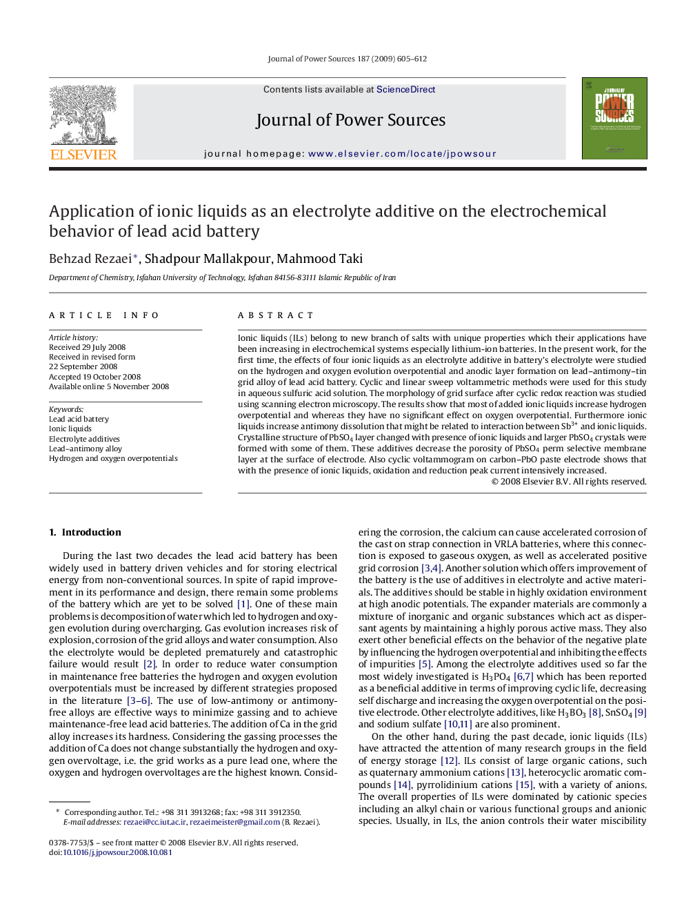 Application of ionic liquids as an electrolyte additive on the electrochemical behavior of lead acid battery