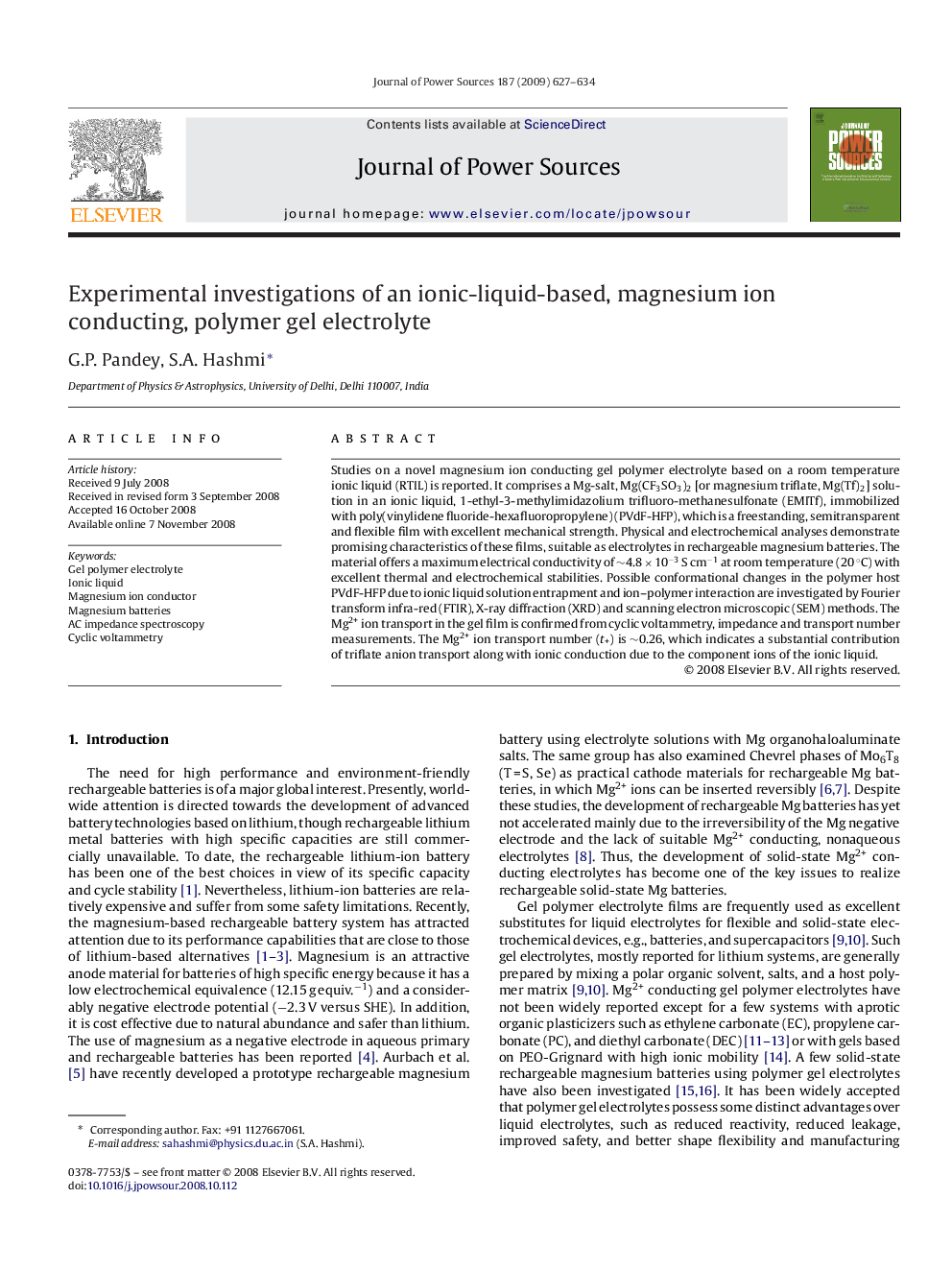 Experimental investigations of an ionic-liquid-based, magnesium ion conducting, polymer gel electrolyte