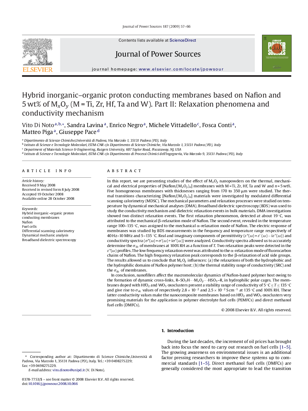 Hybrid inorganic–organic proton conducting membranes based on Nafion and 5 wt% of MxOy (M = Ti, Zr, Hf, Ta and W). Part II: Relaxation phenomena and conductivity mechanism