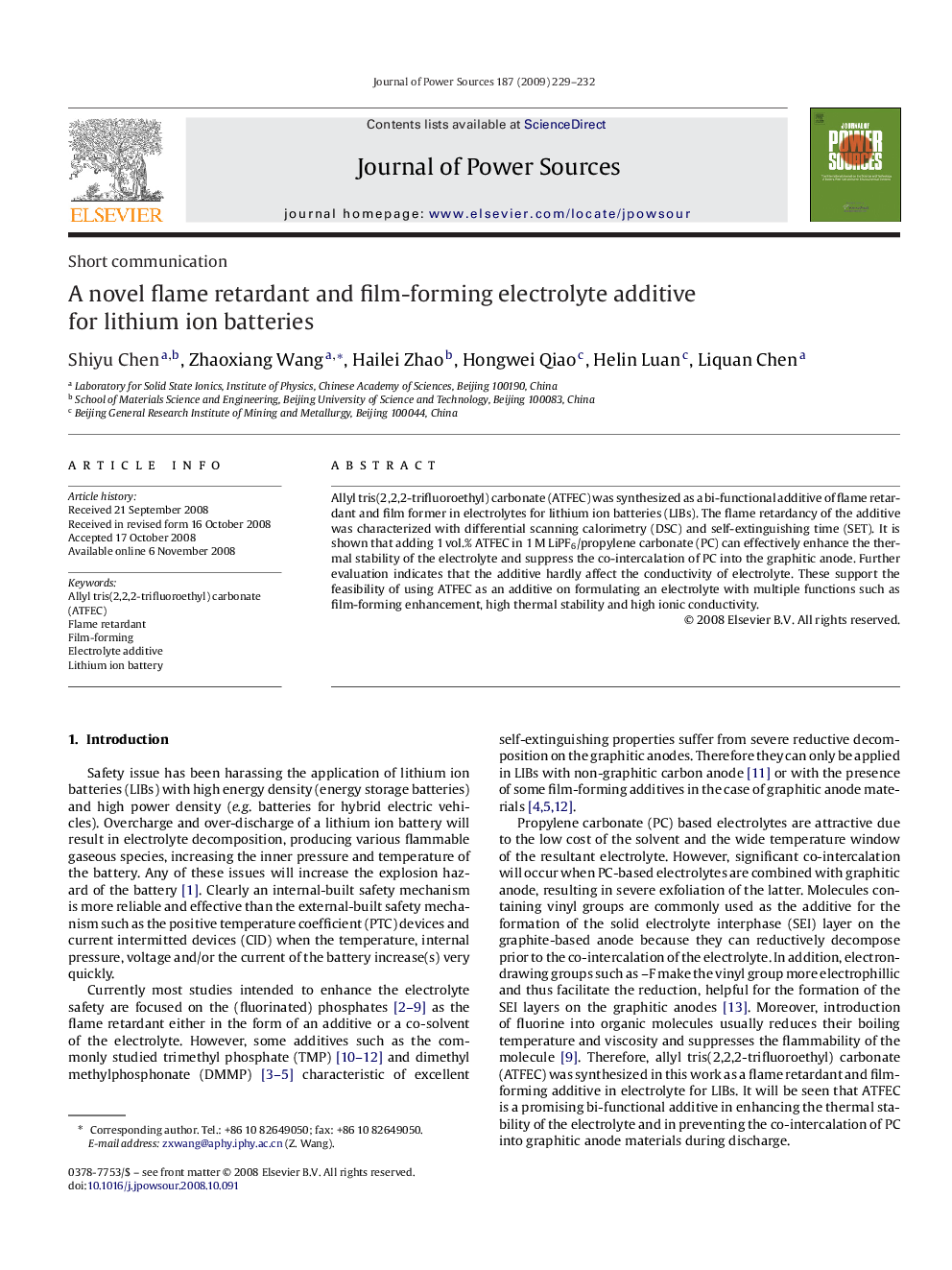 عکس صفحه اول مقاله: A novel flame retardant and film-forming electrolyte additive for lithium ion batteries A novel flame retardant and film-forming electrolyte additive for lithium ion batteries
