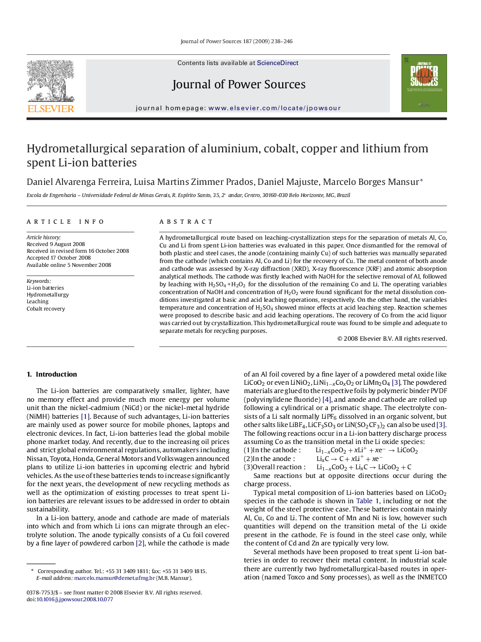 Hydrometallurgical separation of aluminium, cobalt, copper and lithium from spent Li-ion batteries