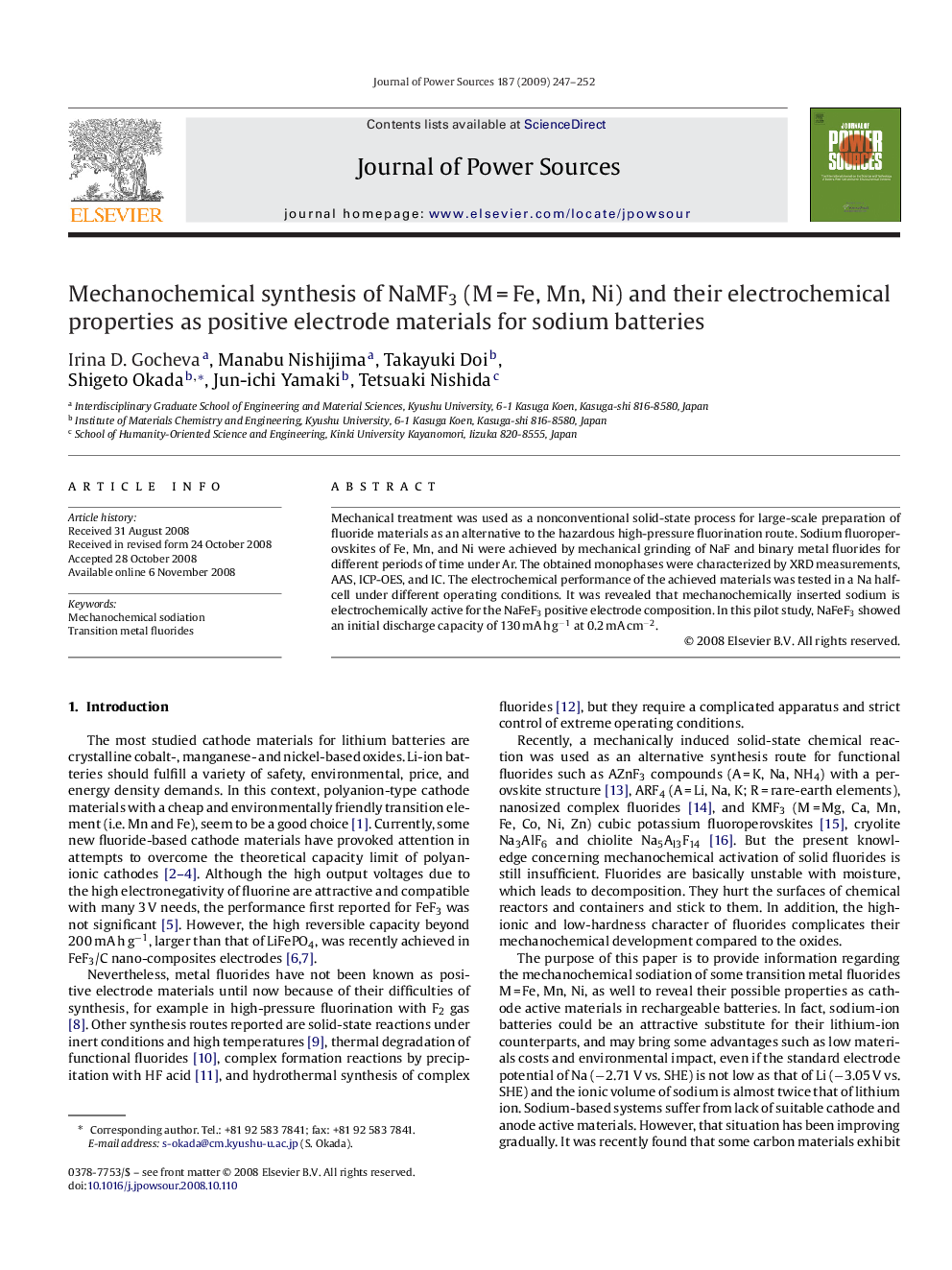 Mechanochemical synthesis of NaMF3 (M = Fe, Mn, Ni) and their electrochemical properties as positive electrode materials for sodium batteries