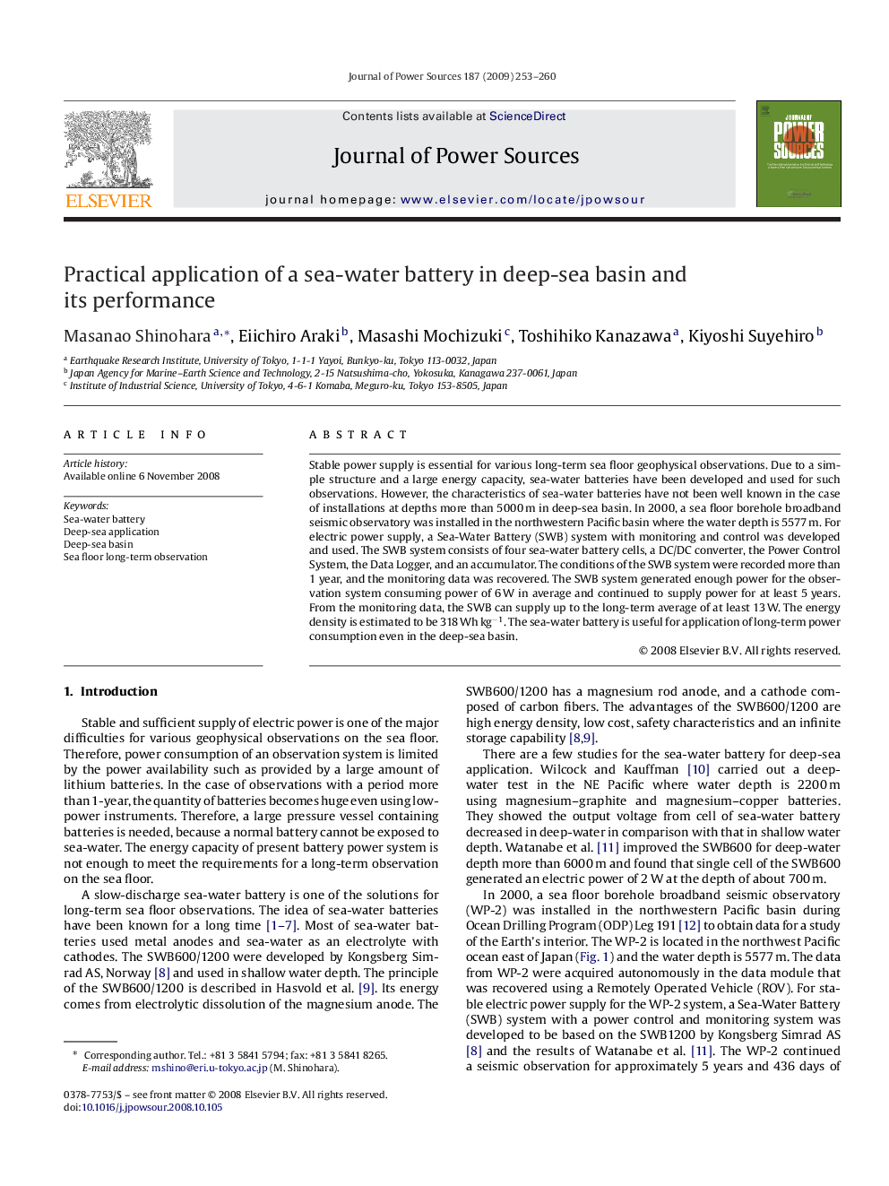 Practical application of a sea-water battery in deep-sea basin and its performance