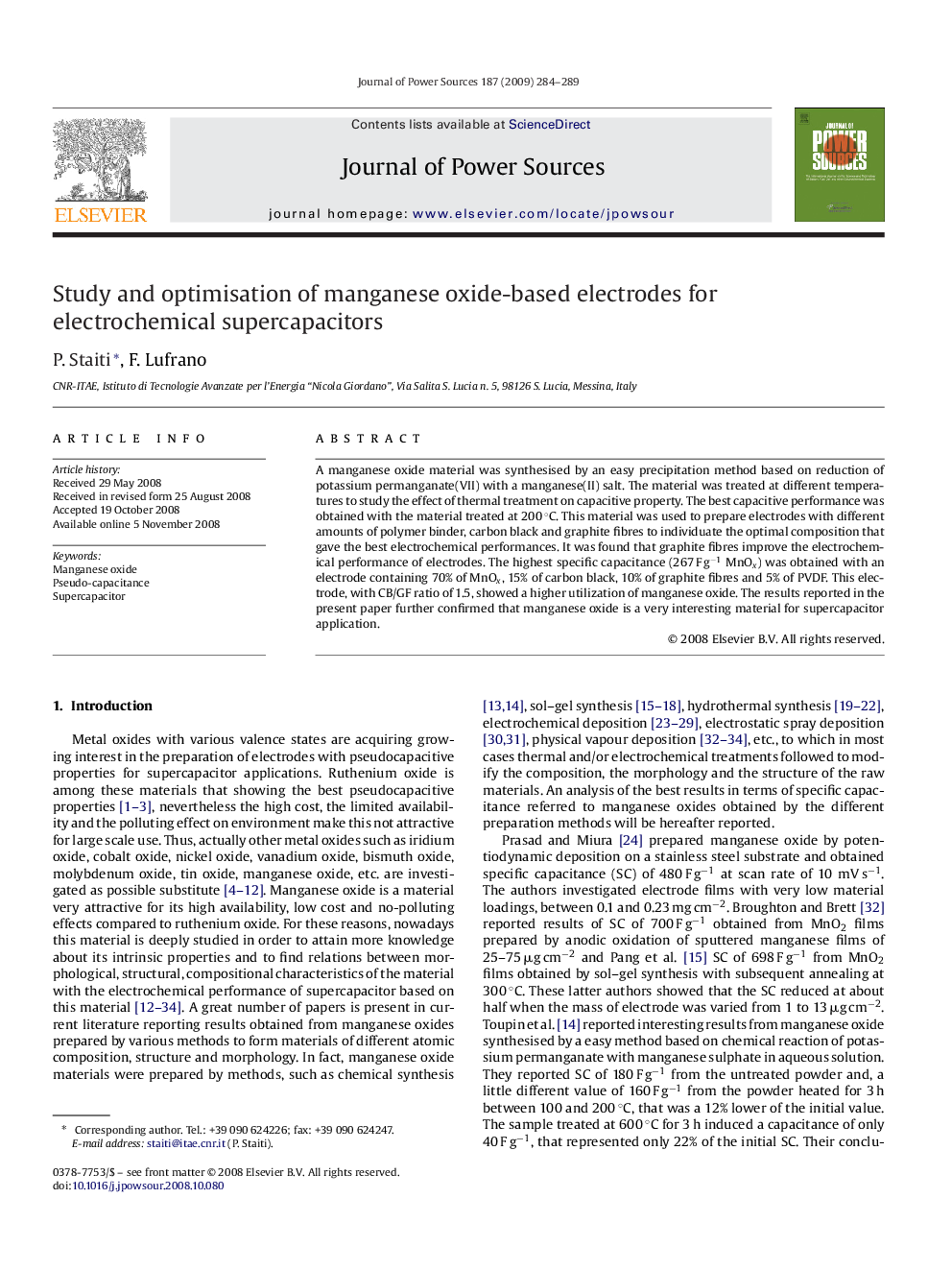 Study and optimisation of manganese oxide-based electrodes for electrochemical supercapacitors