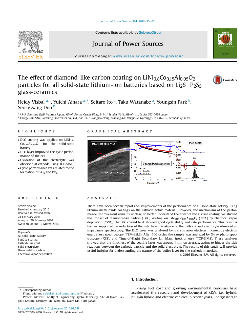 عکس صفحه اول مقاله: The effect of diamond-like carbon coating on LiNi0.8Co0.15Al0.05O2 particles for all solid-state lithium-ion batteries based on Li2S–P2S5 glass-ceramics The effect of diamond-like carbon coating on LiNi0.8Co0.15Al0.05O2 particles for all solid-state lithium-ion batteries based on Li2S–P2S5 glass-ceramics