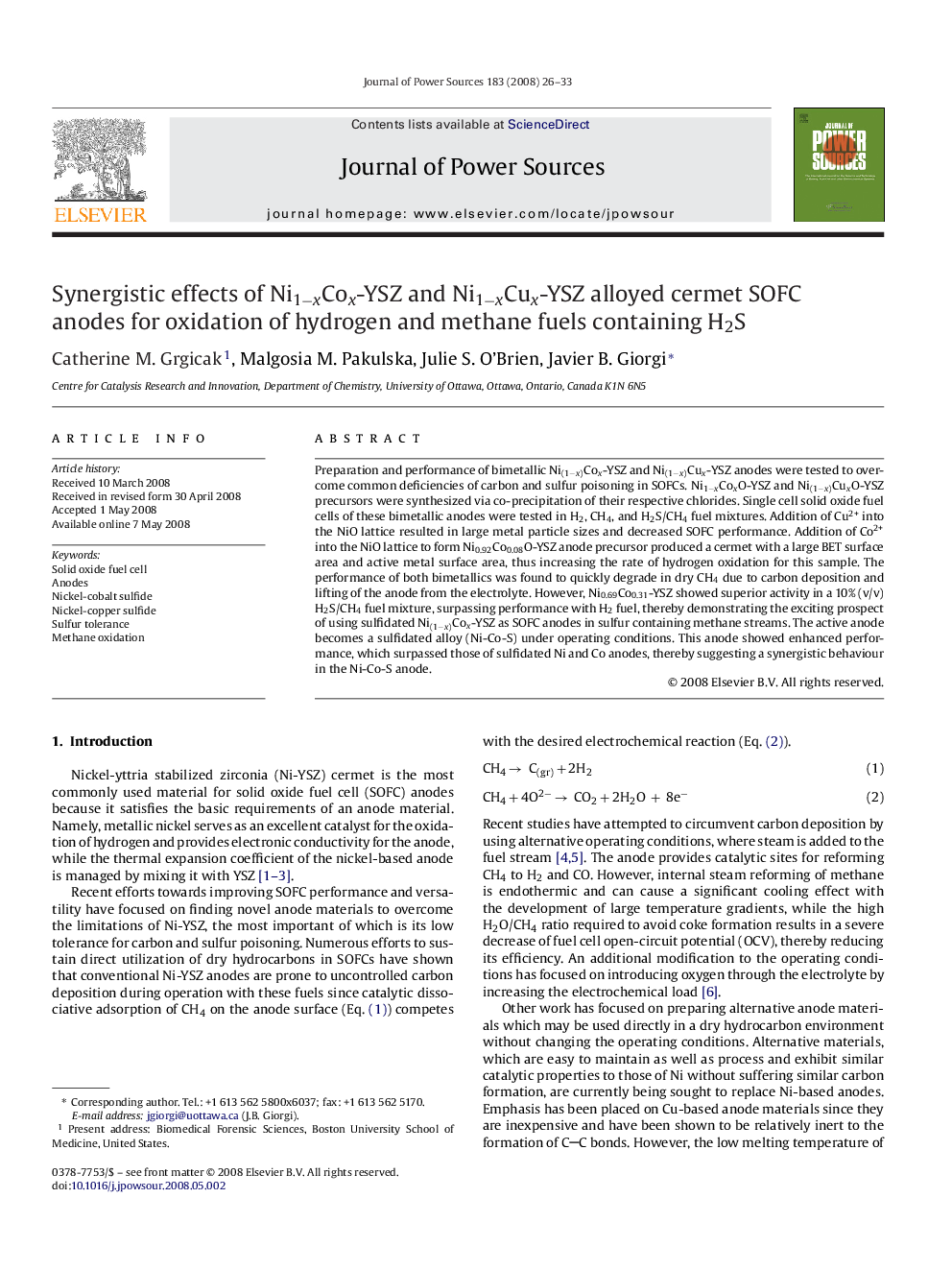 Synergistic effects of Ni1−xCox-YSZ and Ni1−xCux-YSZ alloyed cermet SOFC anodes for oxidation of hydrogen and methane fuels containing H2S