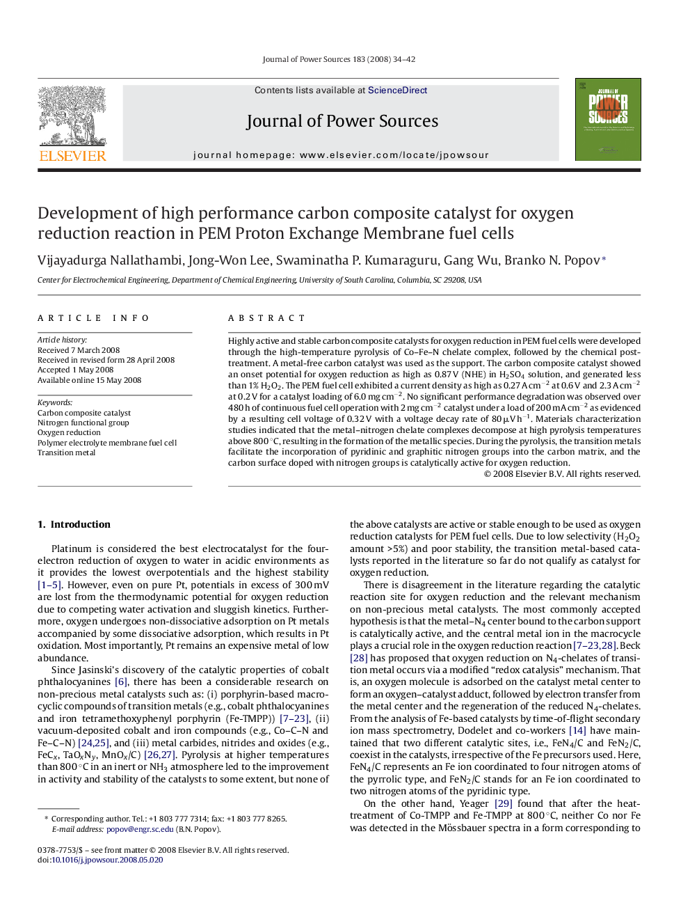 Development of high performance carbon composite catalyst for oxygen reduction reaction in PEM Proton Exchange Membrane fuel cells