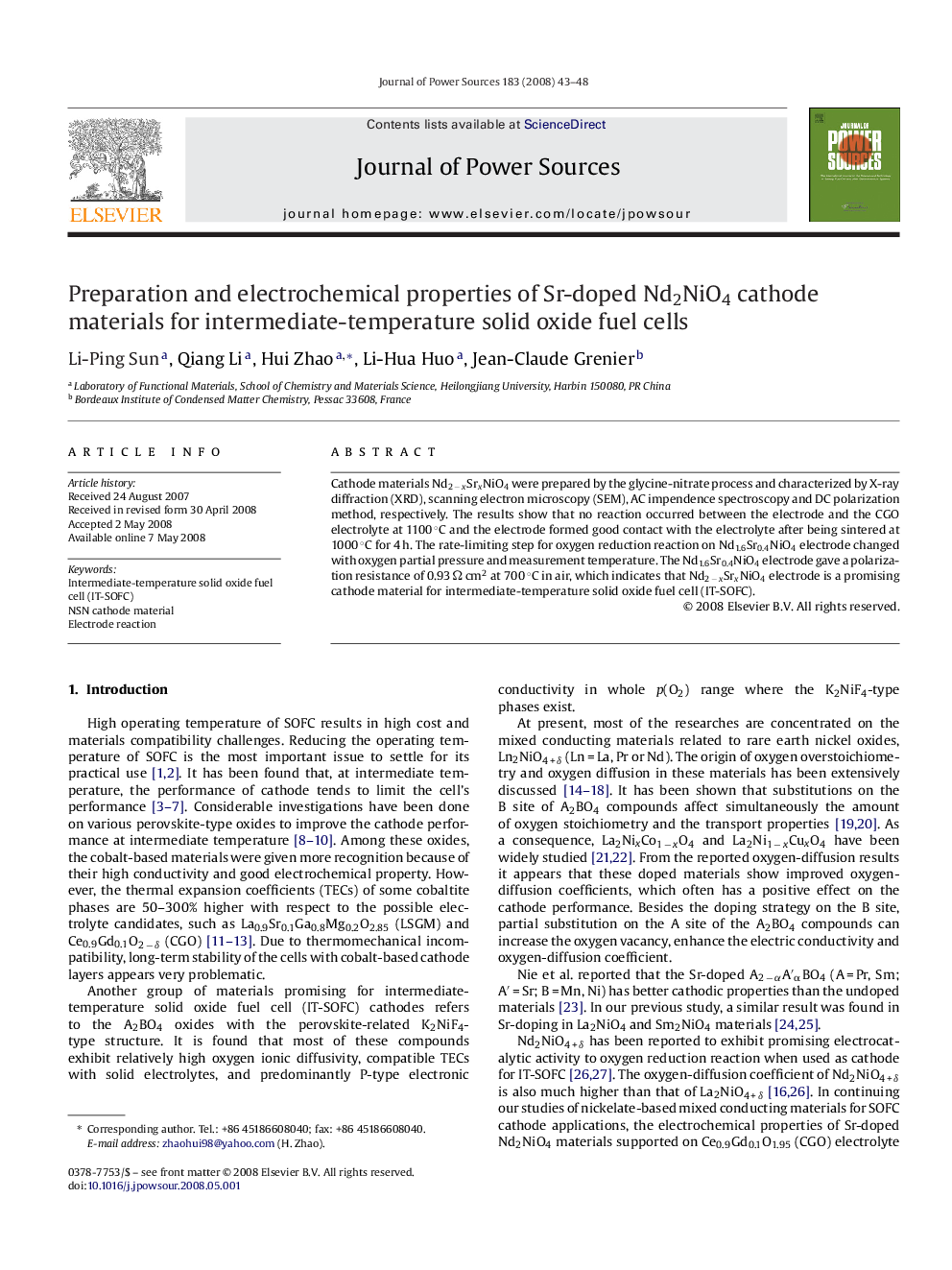 Preparation and electrochemical properties of Sr-doped Nd2NiO4 cathode materials for intermediate-temperature solid oxide fuel cells