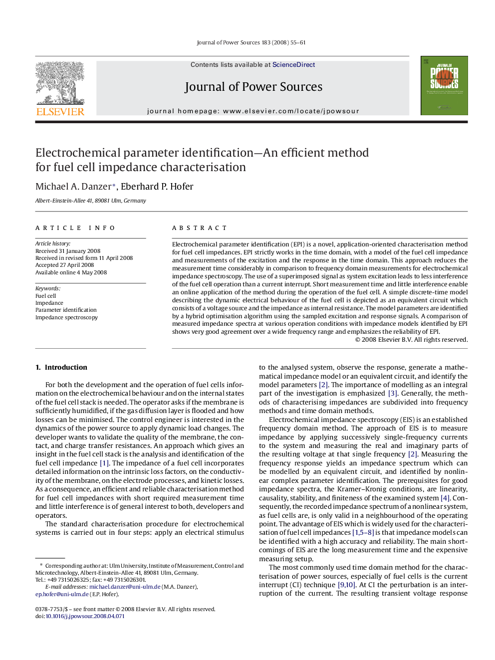 Electrochemical parameter identification—An efficient method for fuel cell impedance characterisation