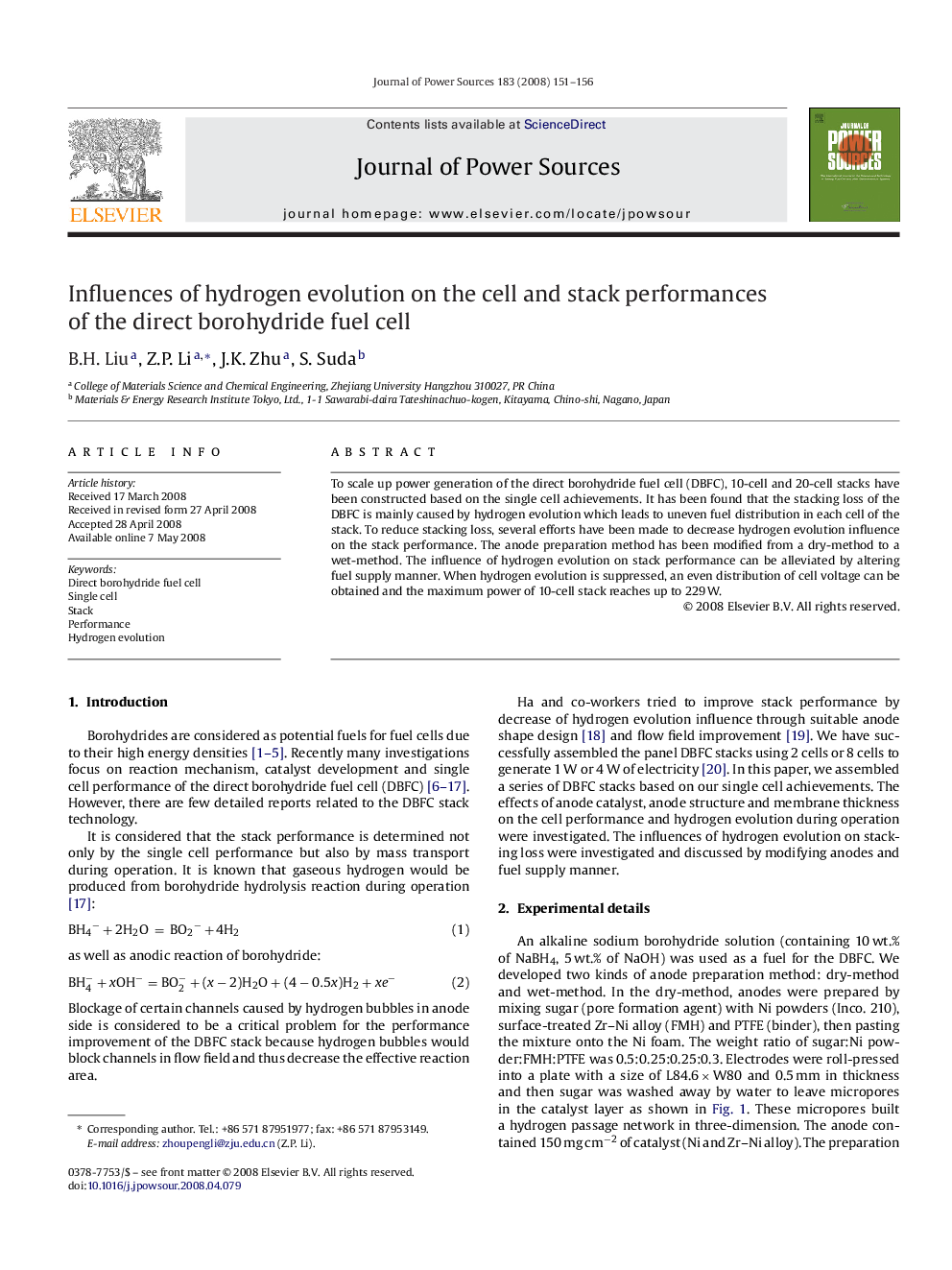 Influences of hydrogen evolution on the cell and stack performances of the direct borohydride fuel cell