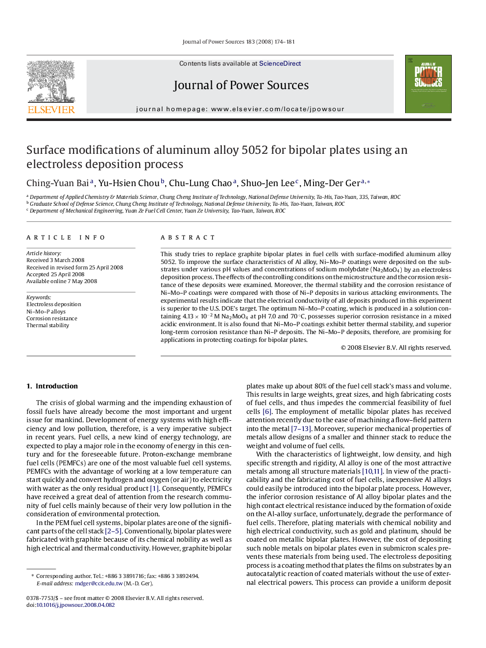 Surface modifications of aluminum alloy 5052 for bipolar plates using an electroless deposition process