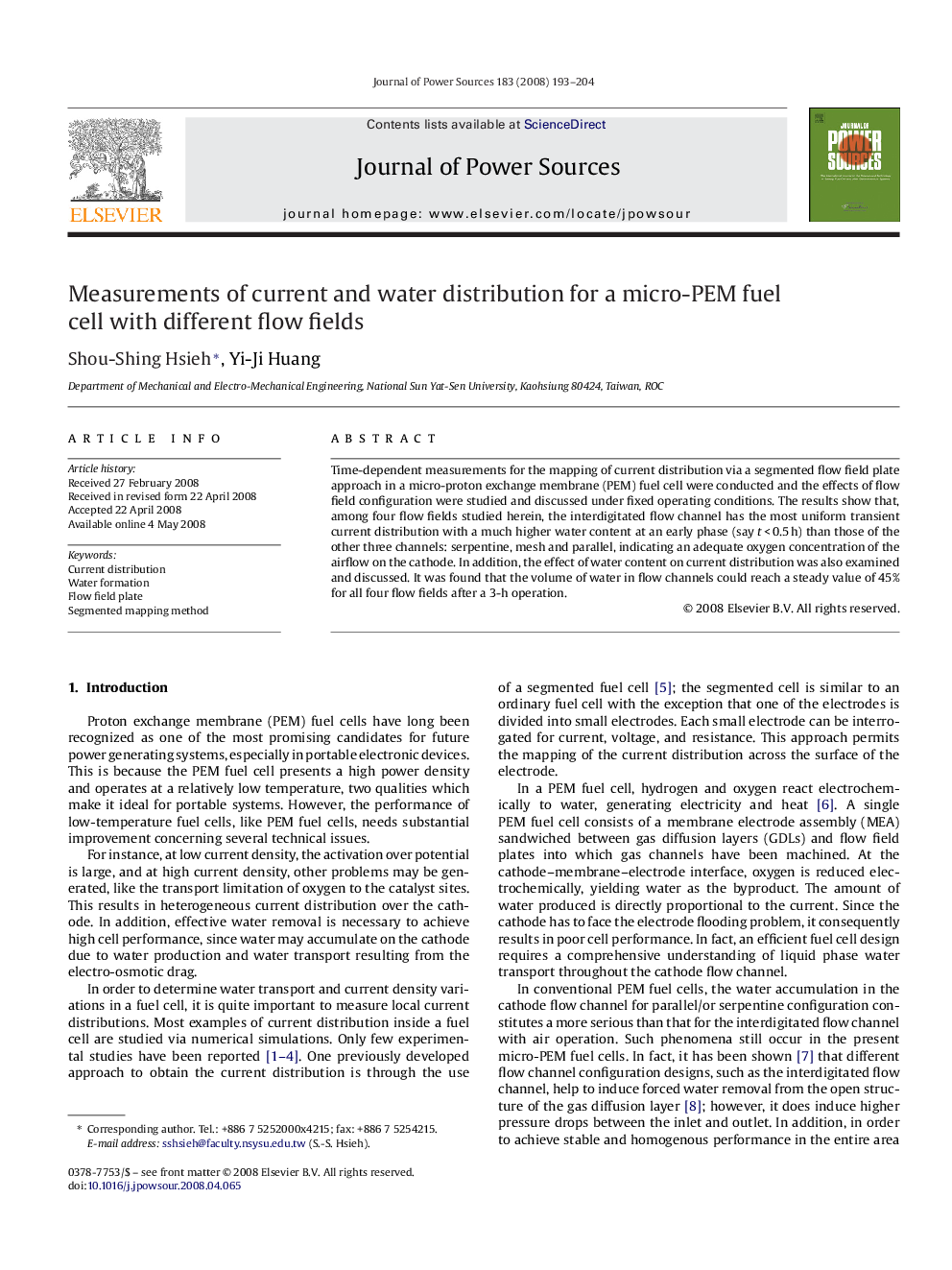 Measurements of current and water distribution for a micro-PEM fuel cell with different flow fields