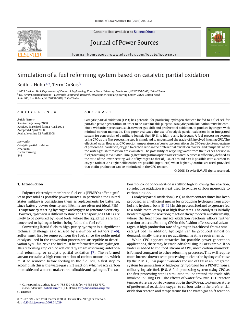 Simulation of a fuel reforming system based on catalytic partial oxidation