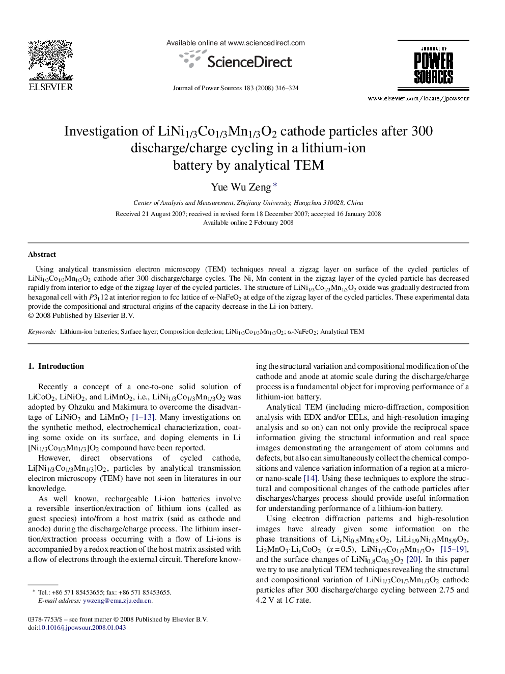 Investigation of LiNi1/3Co1/3Mn1/3O2 cathode particles after 300 discharge/charge cycling in a lithium-ion battery by analytical TEM