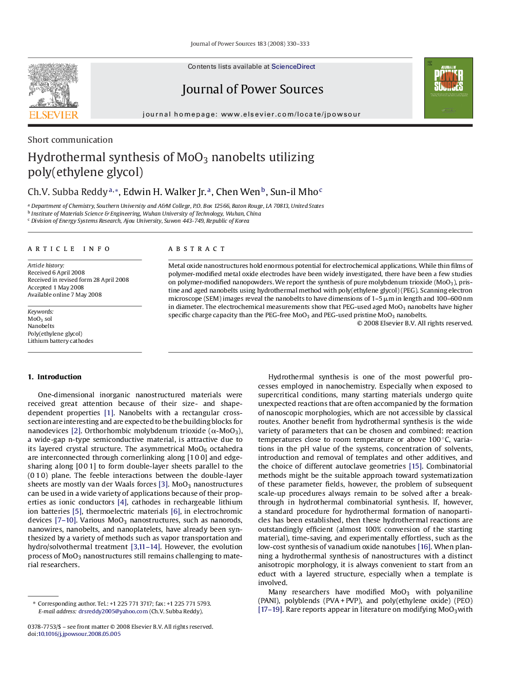 Hydrothermal synthesis of MoO3 nanobelts utilizing poly(ethylene glycol)