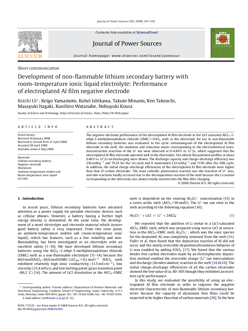 Development of non-flammable lithium secondary battery with room-temperature ionic liquid electrolyte: Performance of electroplated Al film negative electrode