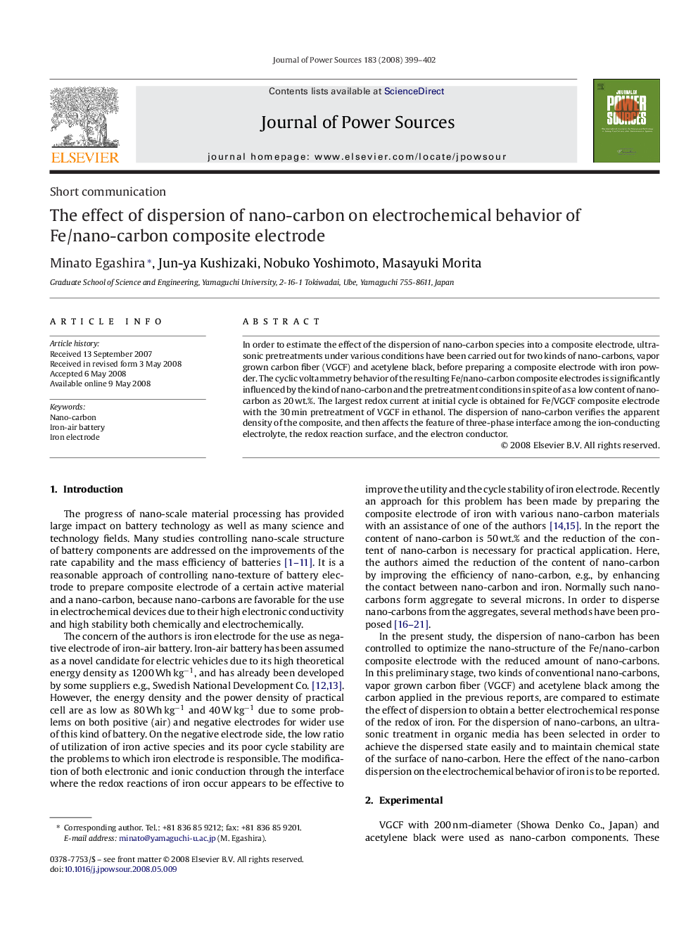 The effect of dispersion of nano-carbon on electrochemical behavior of Fe/nano-carbon composite electrode