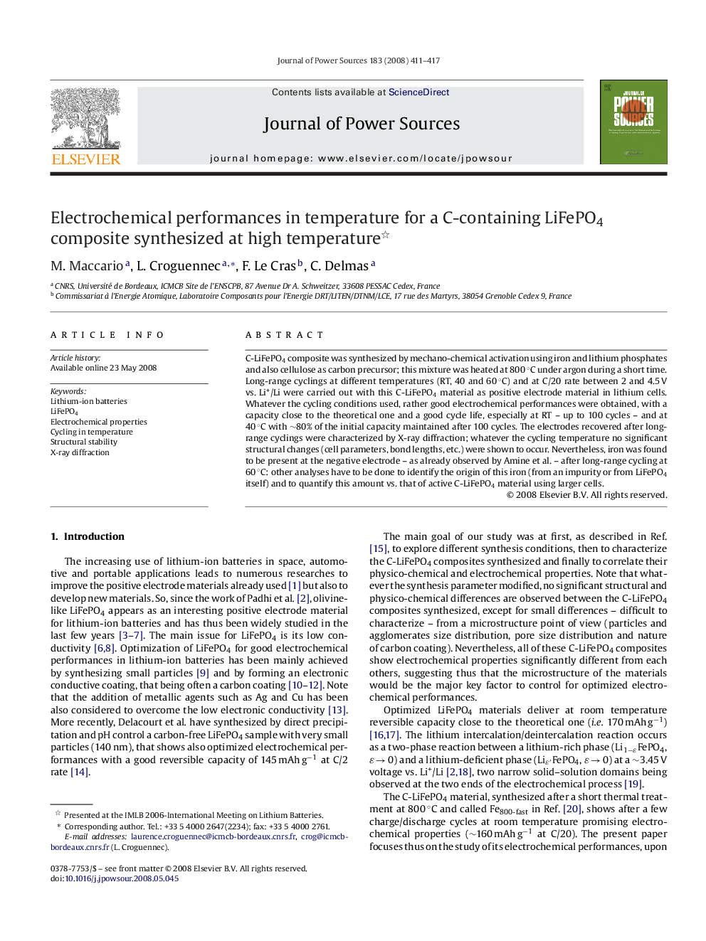 Electrochemical performances in temperature for a C-containing LiFePO4 composite synthesized at high temperature