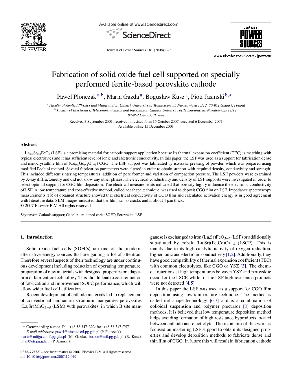 Fabrication of solid oxide fuel cell supported on specially performed ferrite-based perovskite cathode