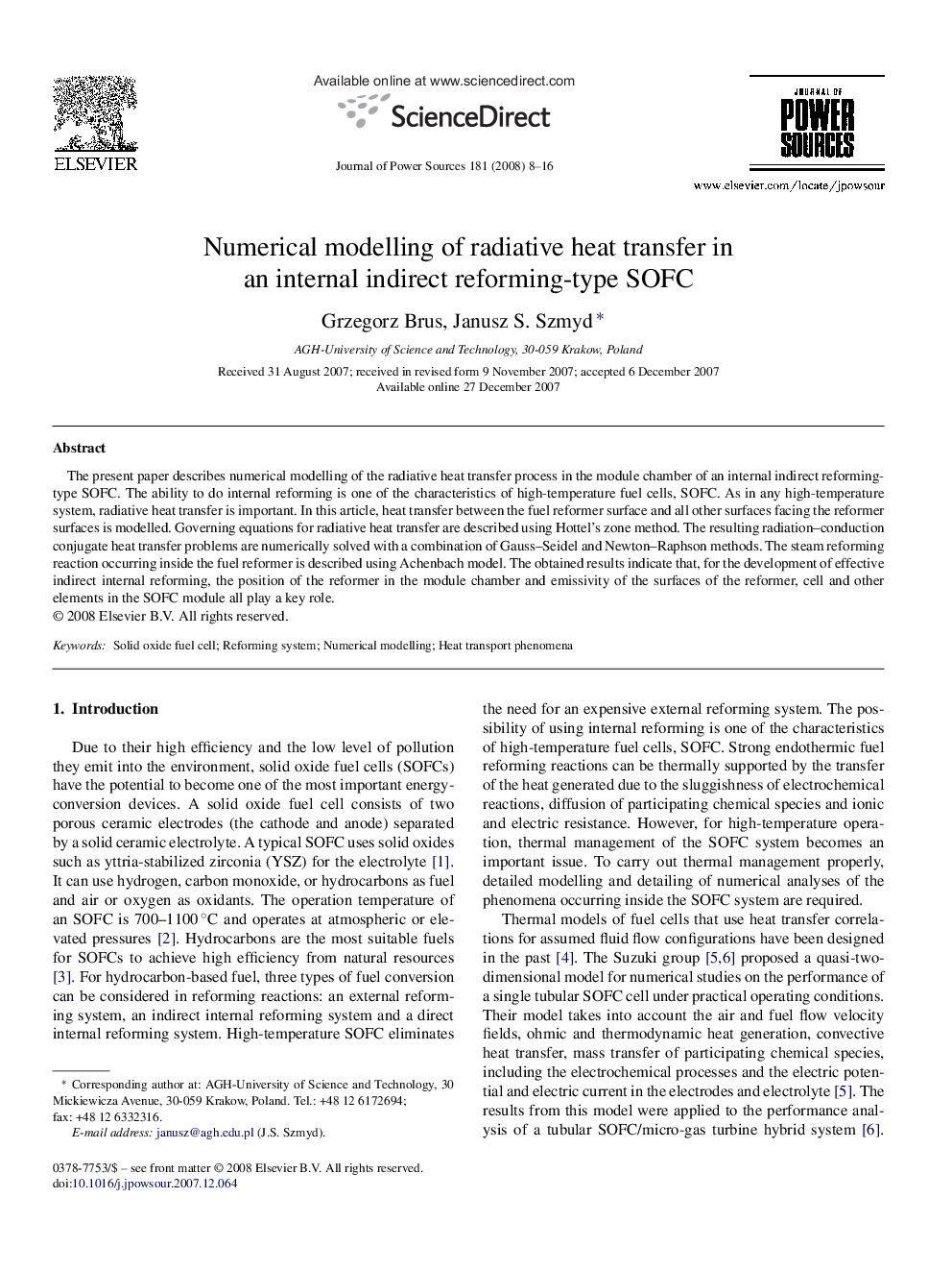 Numerical modelling of radiative heat transfer in an internal indirect reforming-type SOFC