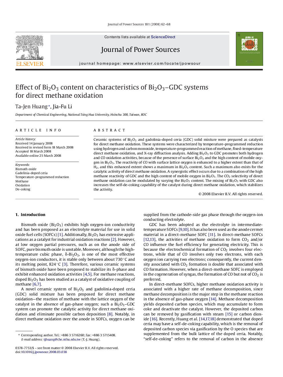 Effect of Bi2O3 content on characteristics of Bi2O3–GDC systems for direct methane oxidation