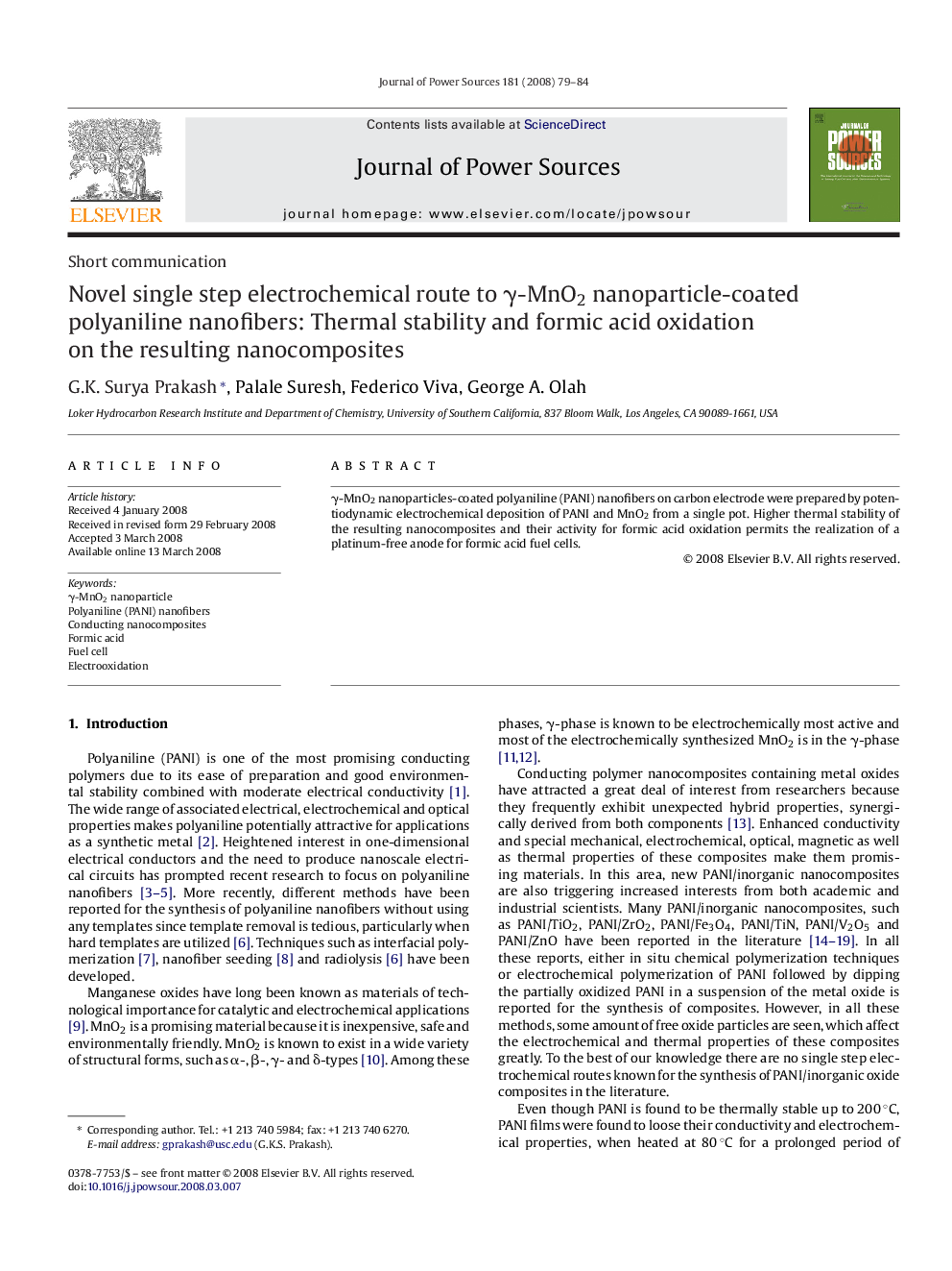 Novel single step electrochemical route to γ-MnO2 nanoparticle-coated polyaniline nanofibers: Thermal stability and formic acid oxidation on the resulting nanocomposites