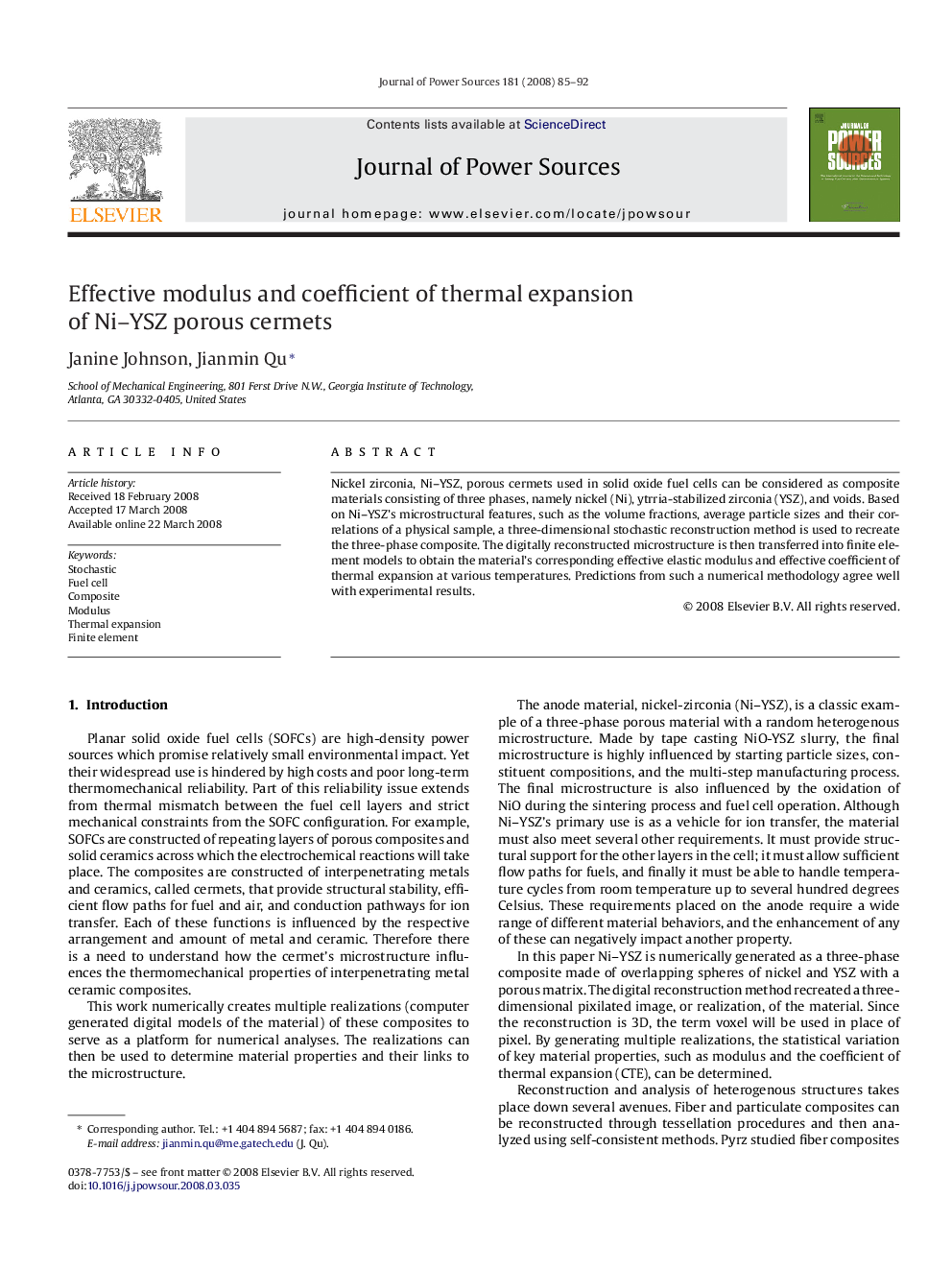 Effective modulus and coefficient of thermal expansion of Ni–YSZ porous cermets