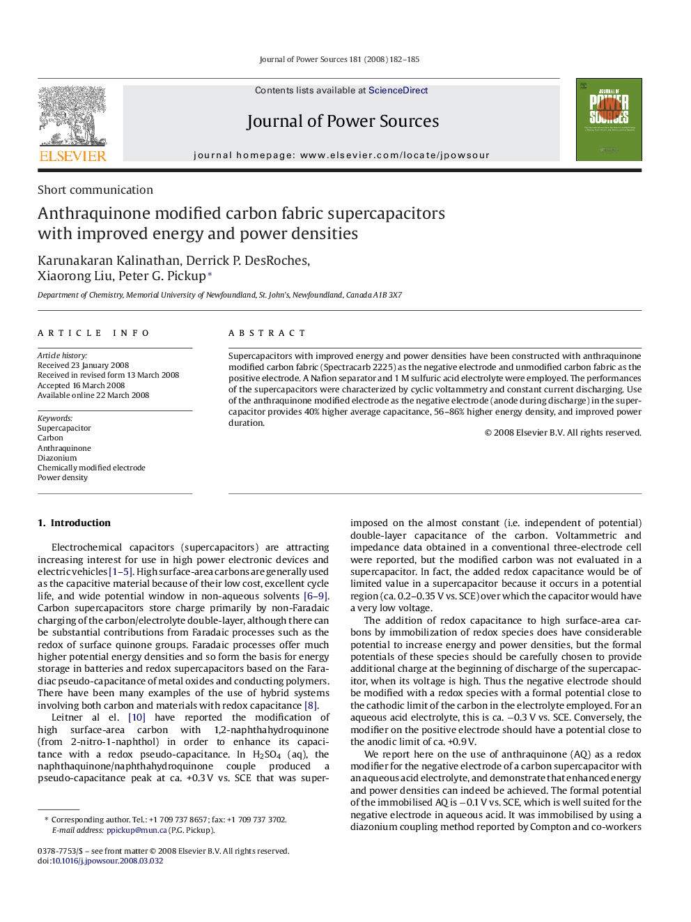 Anthraquinone modified carbon fabric supercapacitors with improved energy and power densities