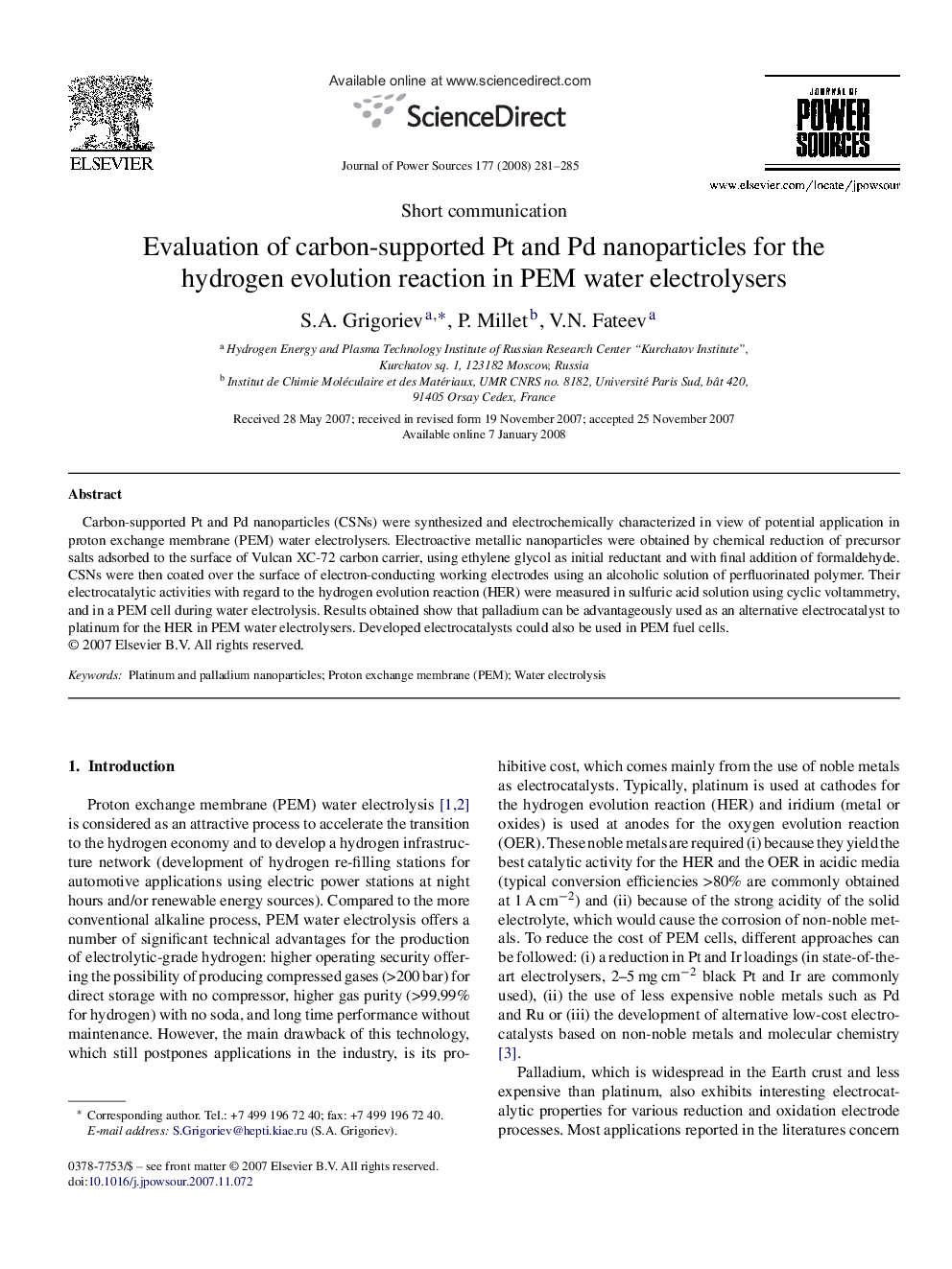 Evaluation of carbon-supported Pt and Pd nanoparticles for the hydrogen evolution reaction in PEM water electrolysers