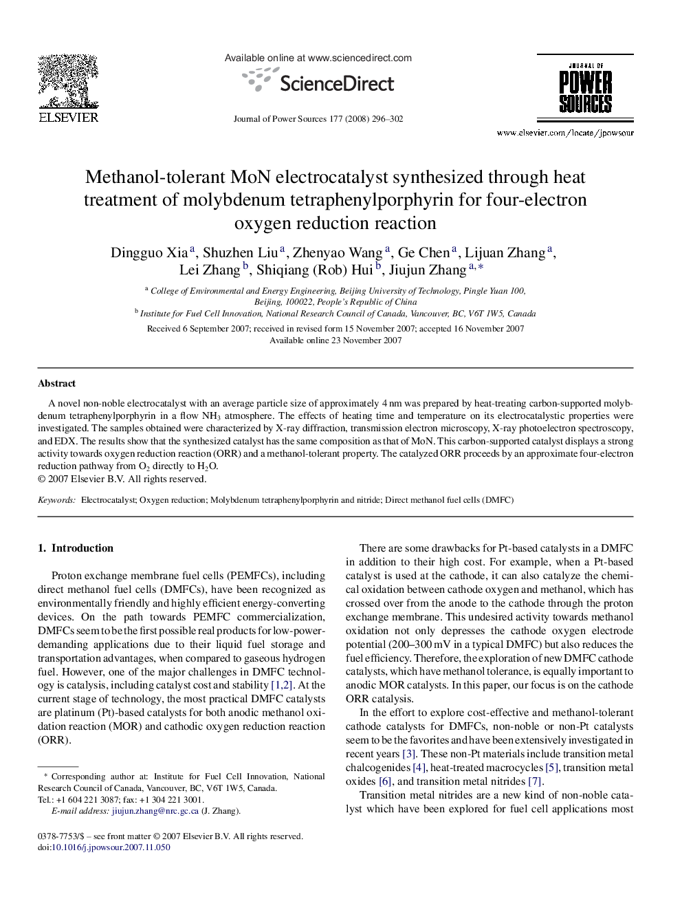 Methanol-tolerant MoN electrocatalyst synthesized through heat treatment of molybdenum tetraphenylporphyrin for four-electron oxygen reduction reaction