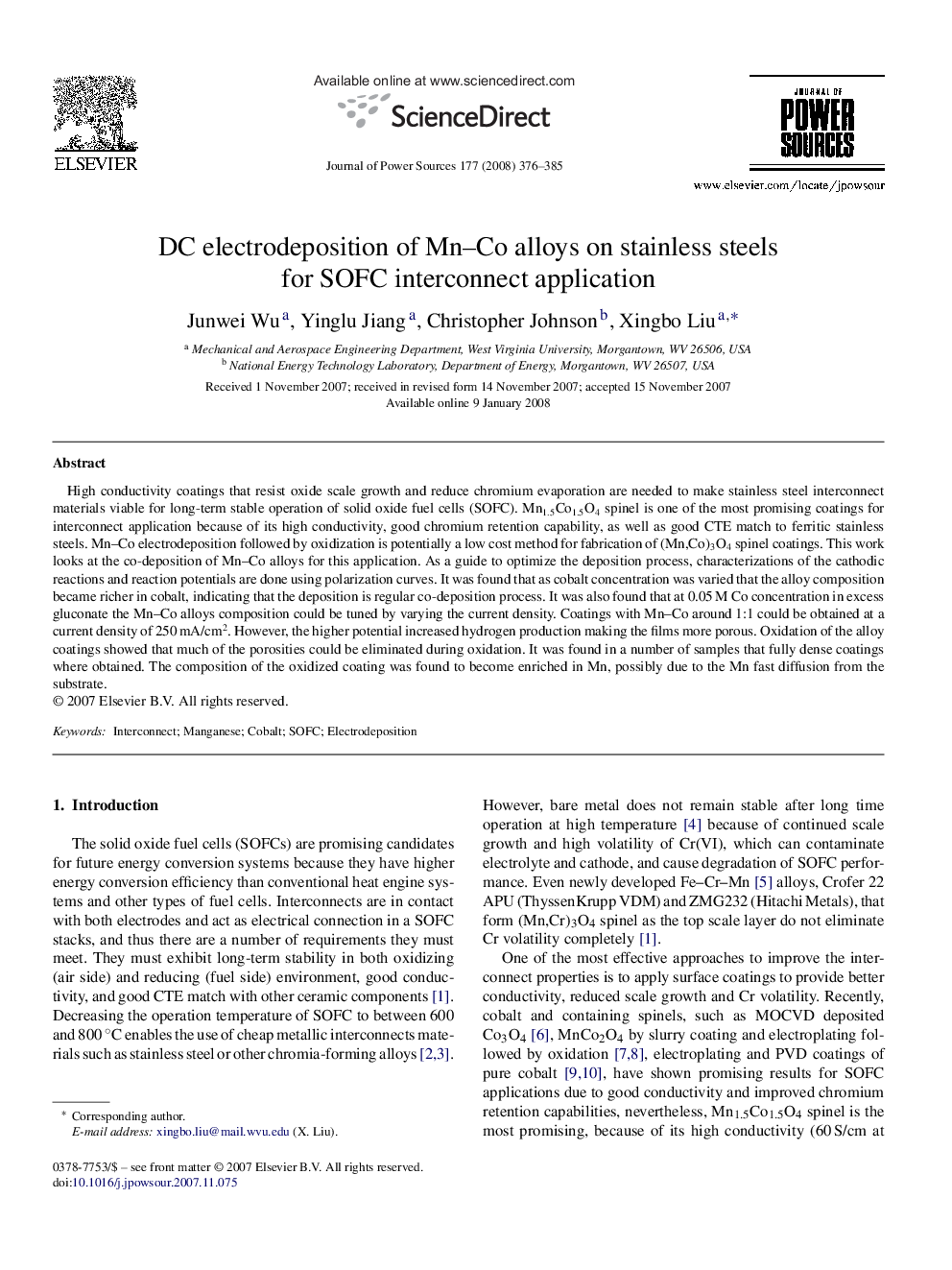 DC electrodeposition of Mn–Co alloys on stainless steels for SOFC interconnect application