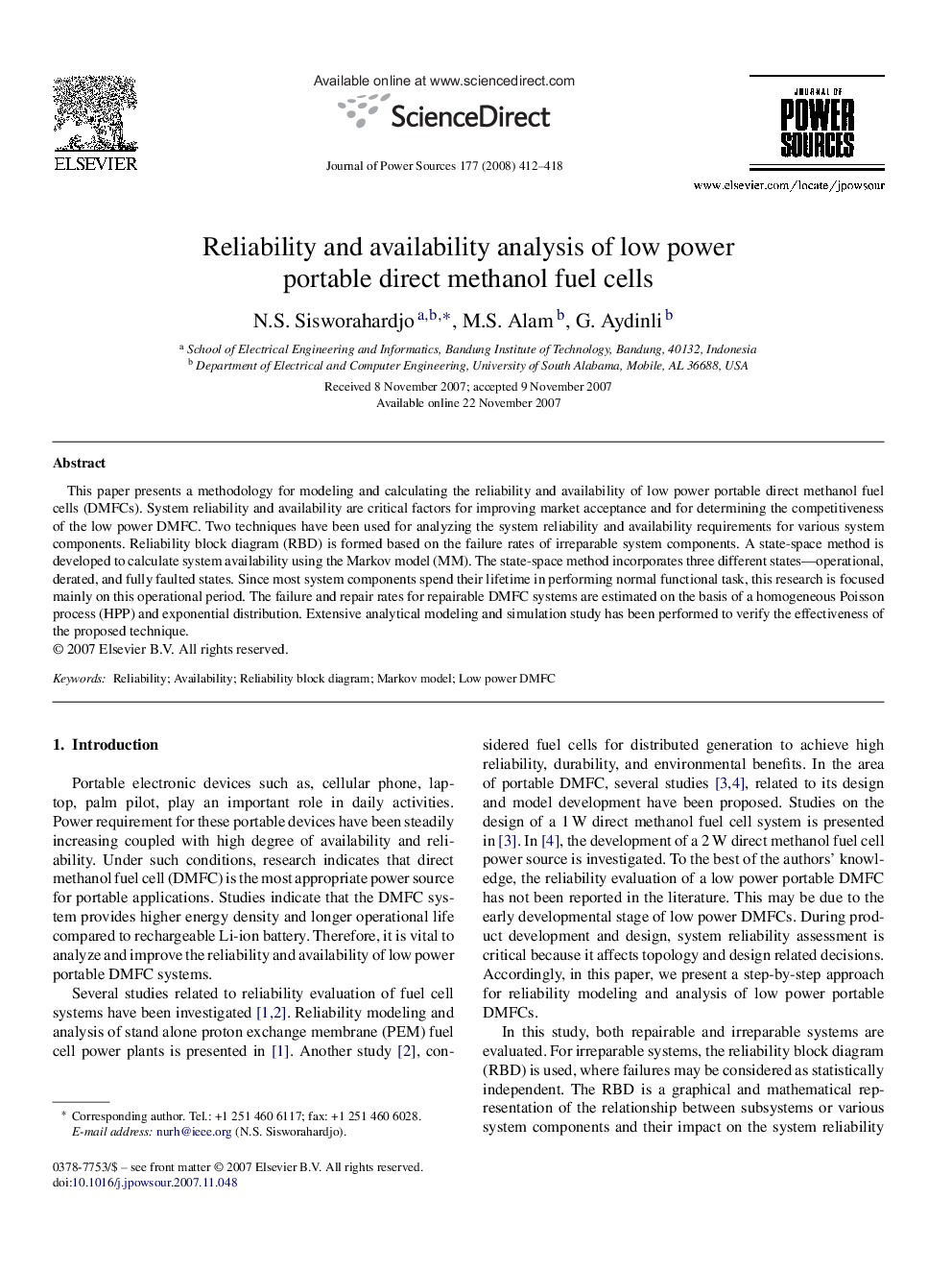 Reliability and availability analysis of low power portable direct methanol fuel cells