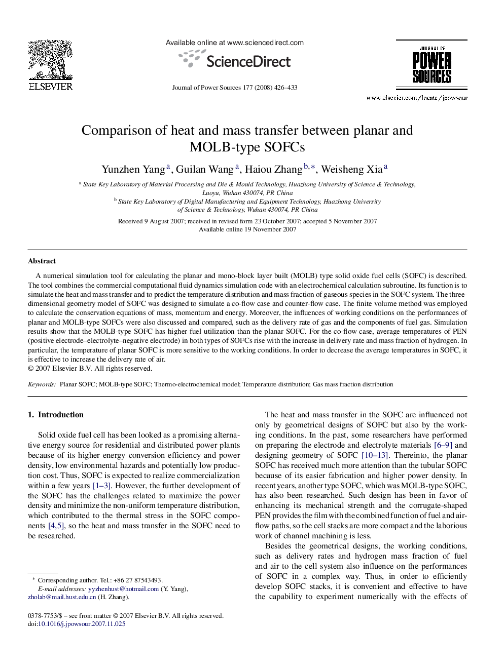 Comparison of heat and mass transfer between planar and MOLB-type SOFCs