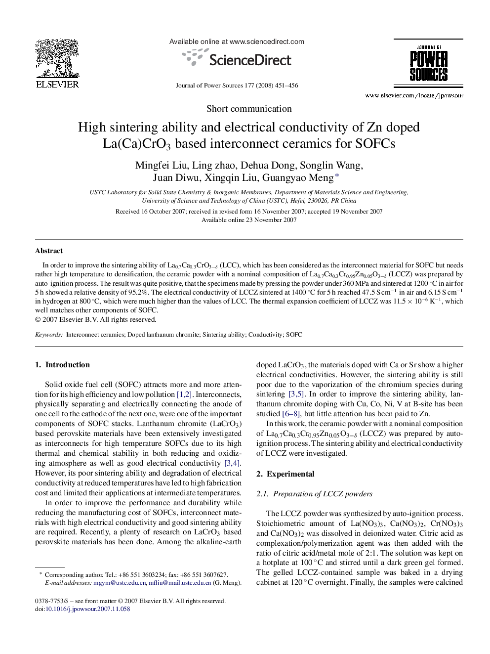 High sintering ability and electrical conductivity of Zn doped La(Ca)CrO3 based interconnect ceramics for SOFCs