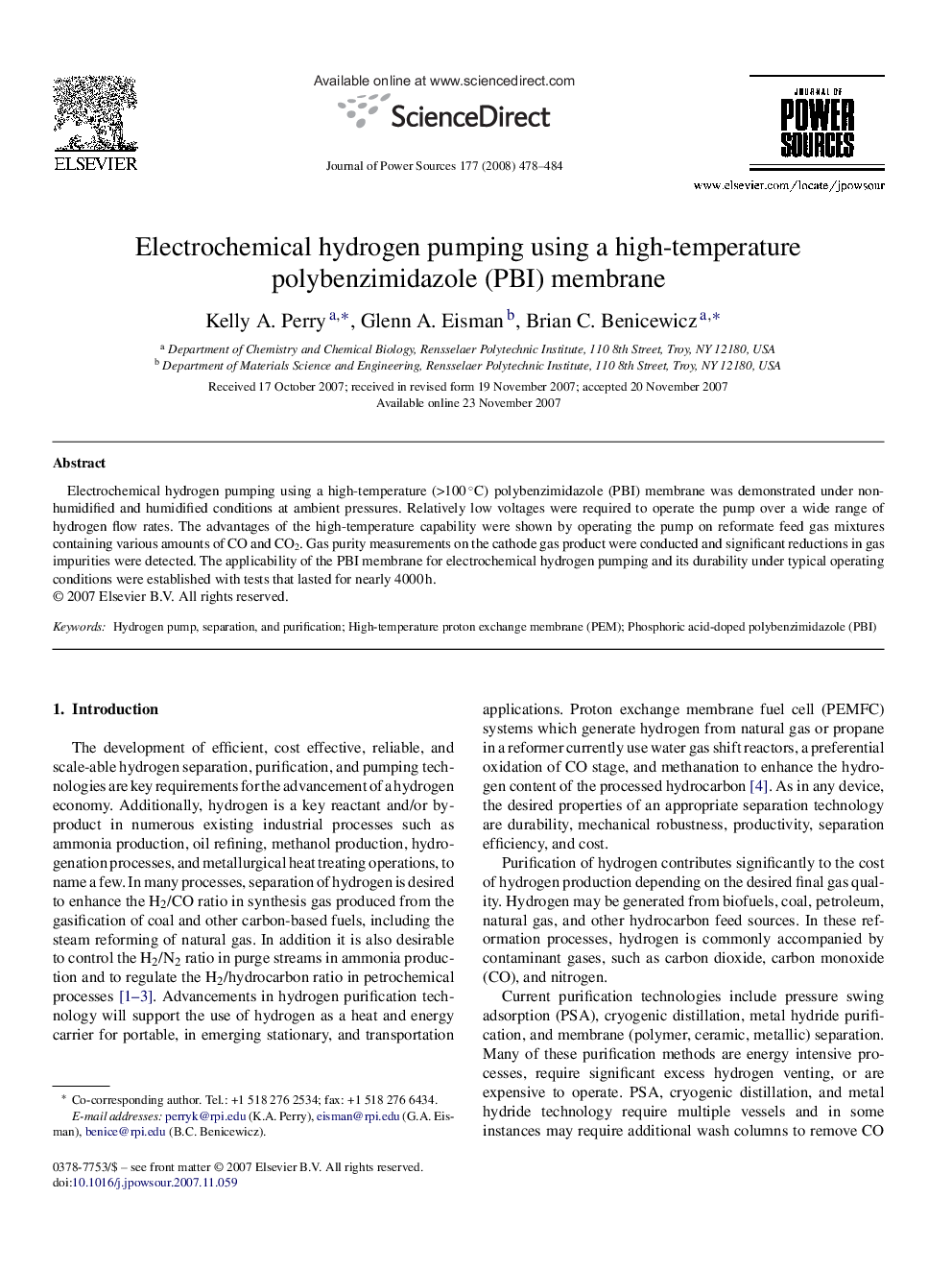 Electrochemical hydrogen pumping using a high-temperature polybenzimidazole (PBI) membrane