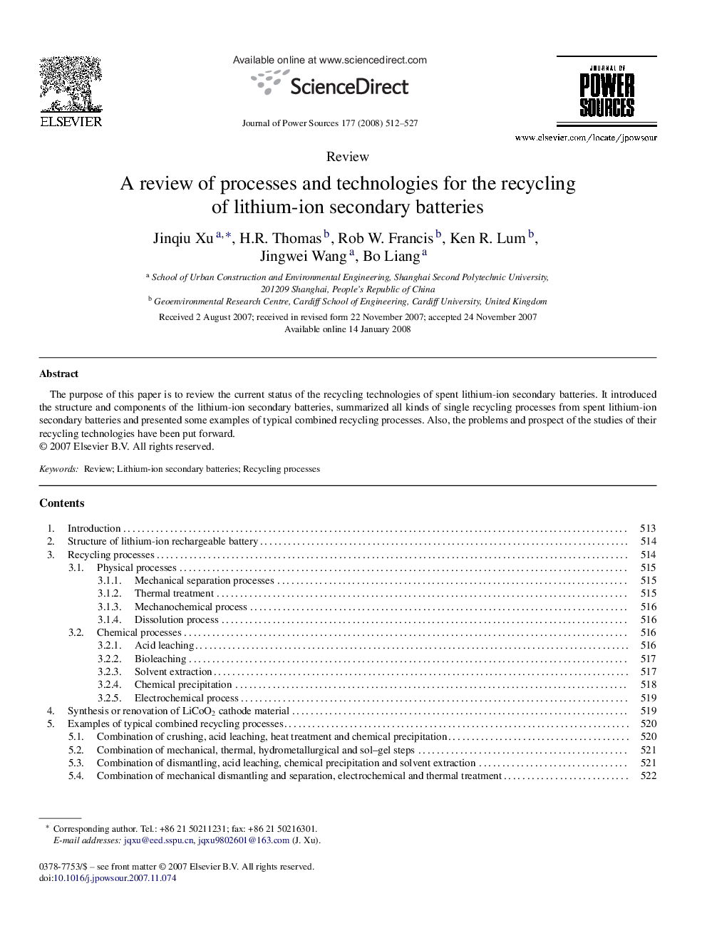 A review of processes and technologies for the recycling of lithium-ion secondary batteries