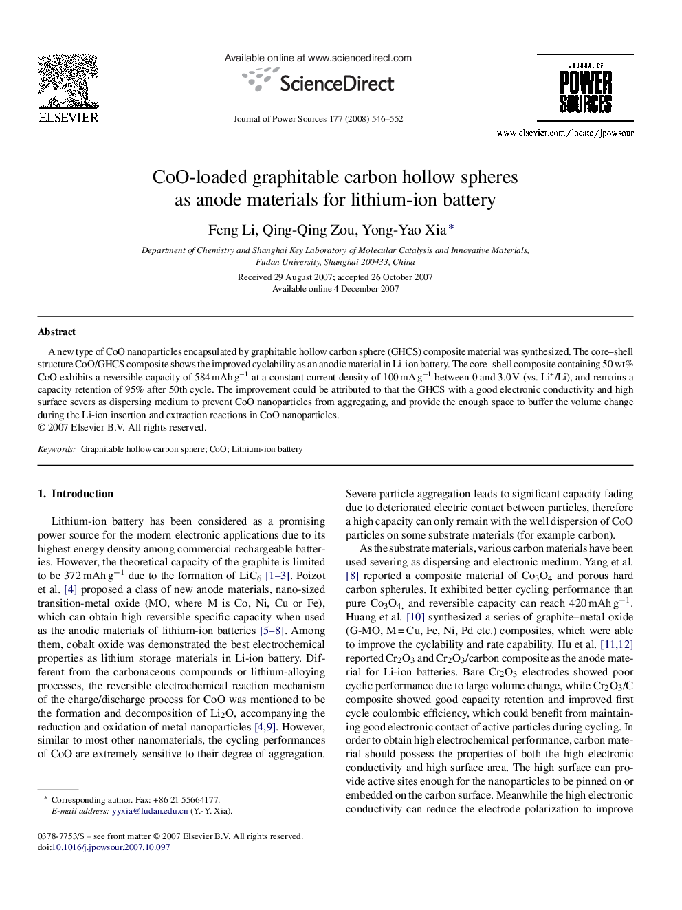 CoO-loaded graphitable carbon hollow spheres as anode materials for lithium-ion battery