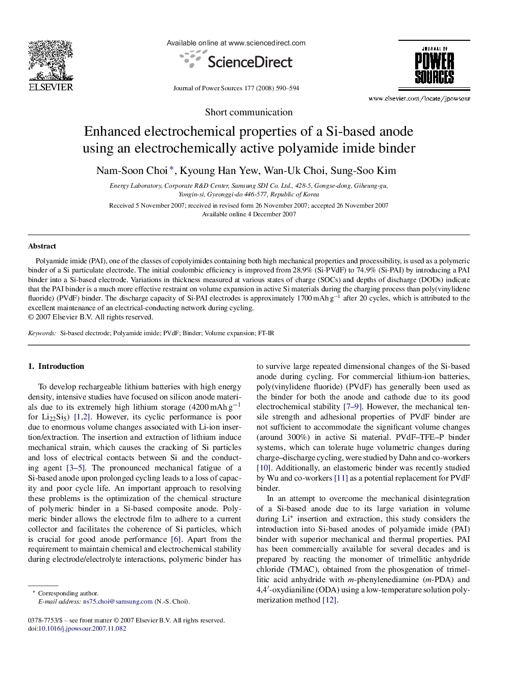 Enhanced electrochemical properties of a Si-based anode using an electrochemically active polyamide imide binder