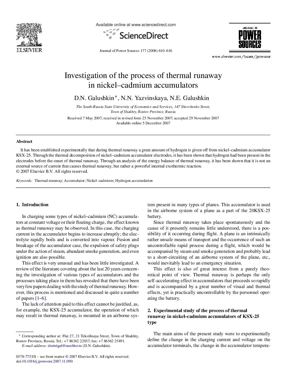 Investigation of the process of thermal runaway in nickel–cadmium accumulators