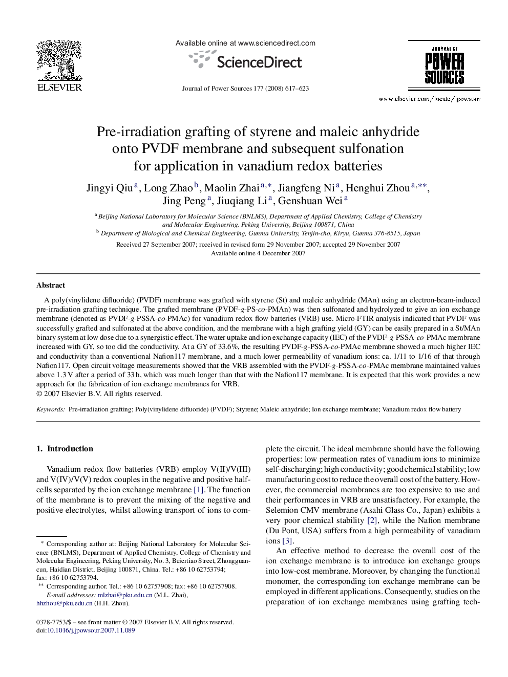 Pre-irradiation grafting of styrene and maleic anhydride onto PVDF membrane and subsequent sulfonation for application in vanadium redox batteries