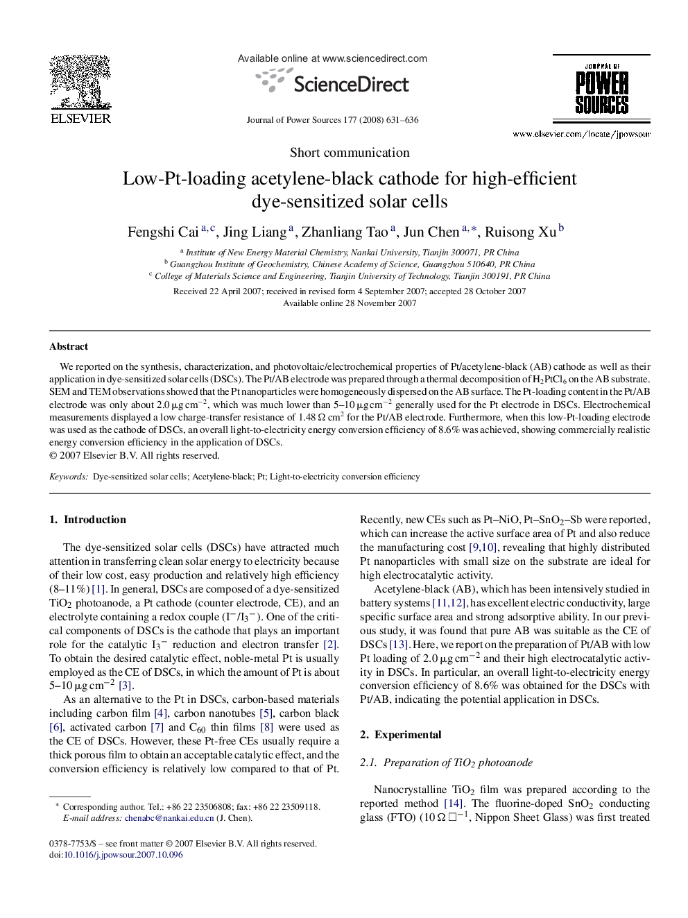 Low-Pt-loading acetylene-black cathode for high-efficient dye-sensitized solar cells