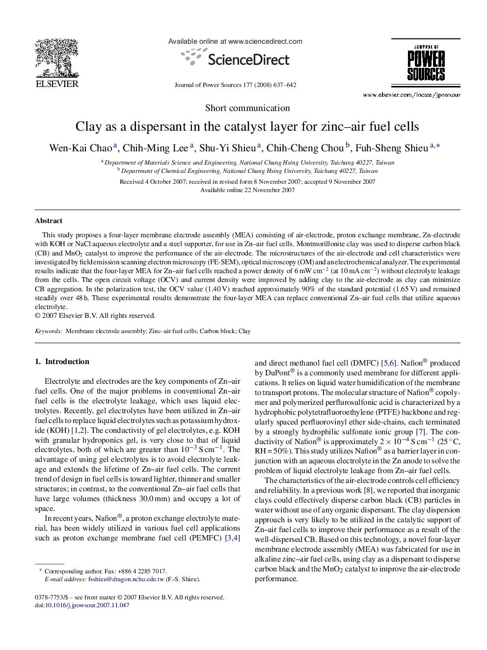 Clay as a dispersant in the catalyst layer for zinc–air fuel cells