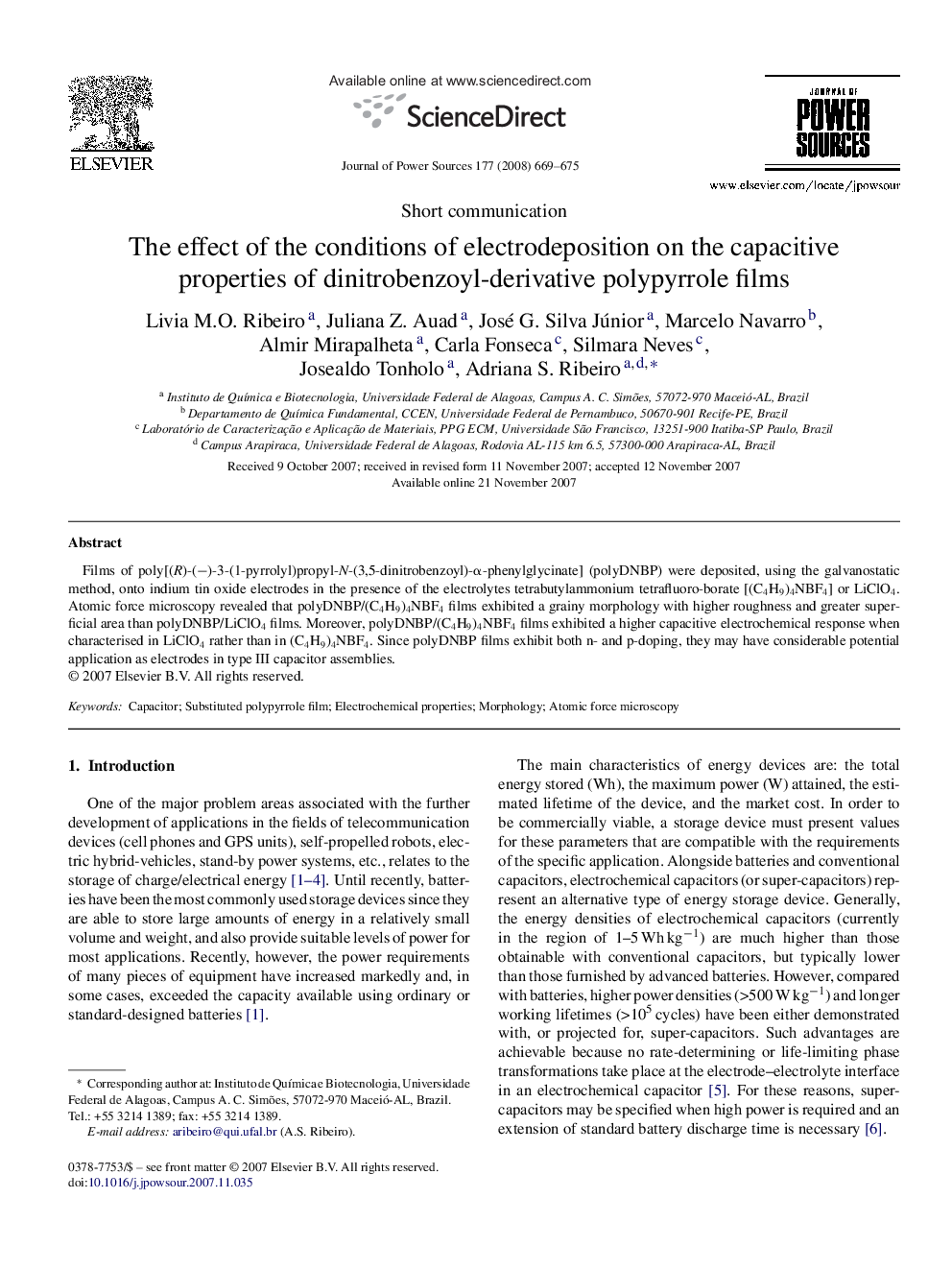 The effect of the conditions of electrodeposition on the capacitive properties of dinitrobenzoyl-derivative polypyrrole films